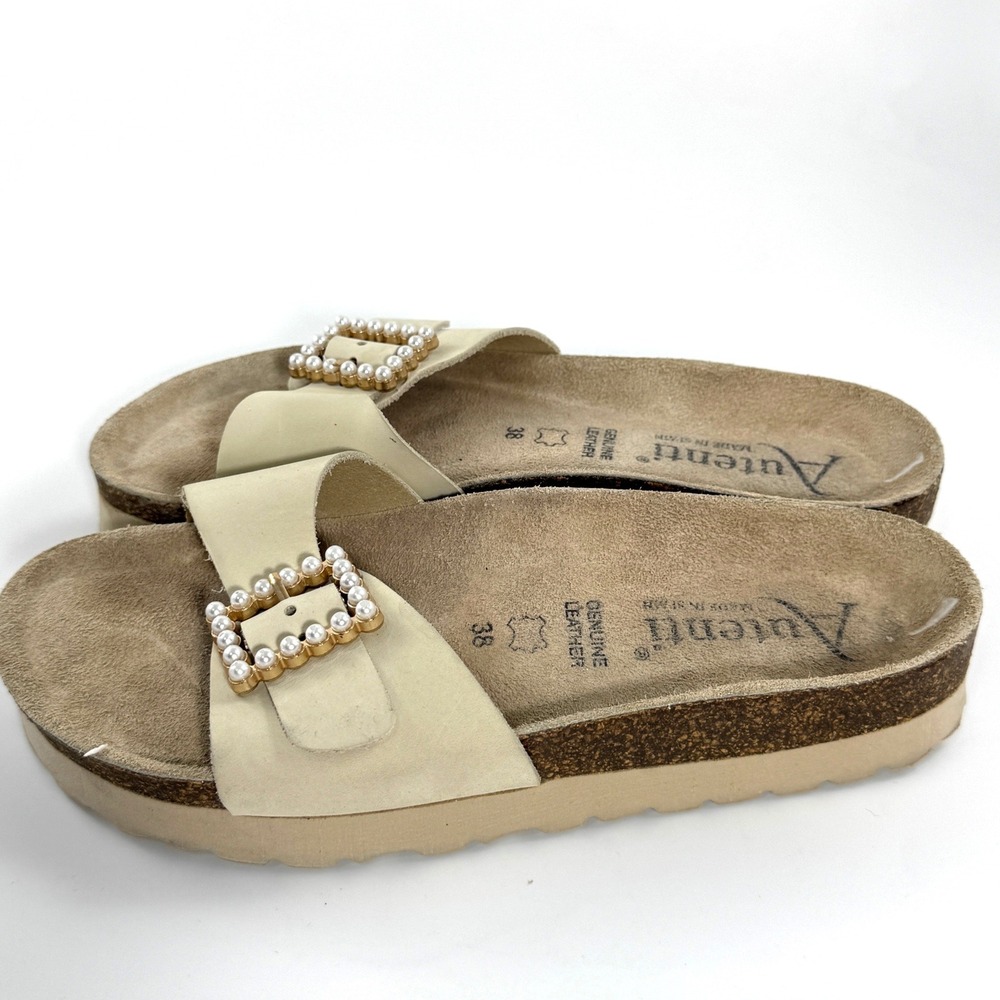 Autenti Batistella Womens Cream Leather Pearl Buckle Platform Slide Sandals 38 - Picture 6 of 10